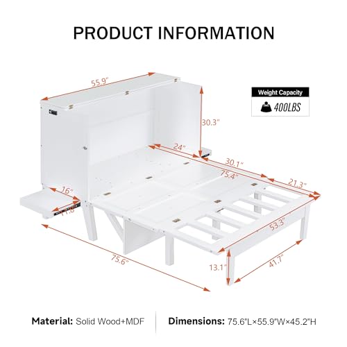 Merax Full Size Murphy Bed with USB Ports & Removable Shelves, White