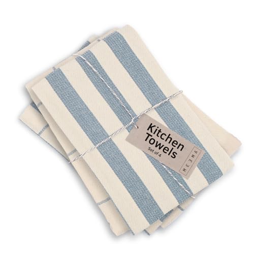 MEEMA Kitchen Towels and Dishcloths Sets of 4 | Large 18 x 28 Inch | Upcycled Cotton Tea Towel | Super Absorbent Cotton Dish Towels for Kitchen | Blue Stripes | Hand Towels
