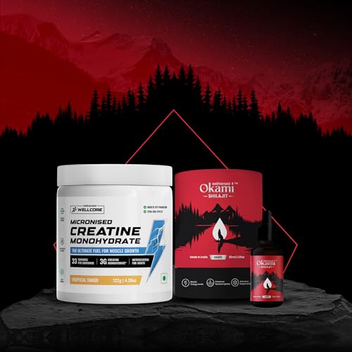 Image of Wellcore Creatine (33 Servings, Tropical Tango) + Okami Shilajit Drops (30 Servings) | Power & Stamina Booster | Lab Tested | For Men & Women