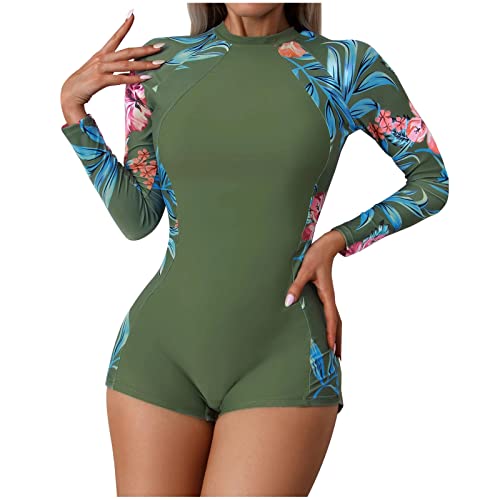Maillot de bain une pièce pour femme - Maillot de bain à manches longues - Imprimé dos nu - Maillot de bain tout-en-un - Contrôle du ventre, Vert (01), XXL Cover