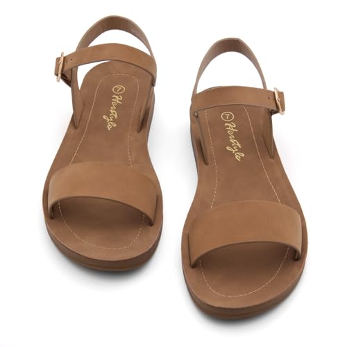 Image of Herstyle Flat Sandals for Women - Open Toe 1 Band Ankle Strap Summer Dressy Sandals, Lightweight Casual Strappy Slip-On Flats with Adjustable Buckle