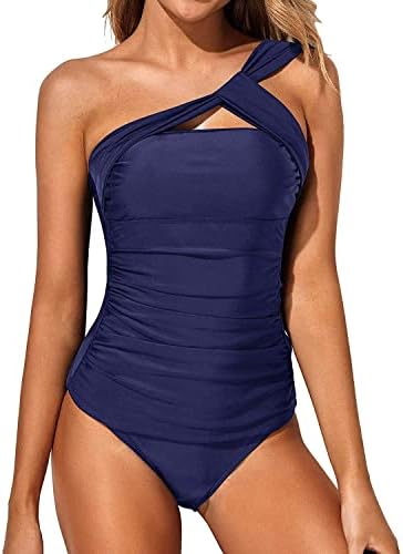 Tempt Me Navy Blue Two Piece Tankini Bathing Suits for Women One Shoulder Swim Top with Shorts Swimsuits L