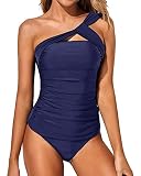 Tempt Me Navy Blue Two Piece Tankini Bathing Suits for Women One Shoulder Swim Top with Shorts Swims