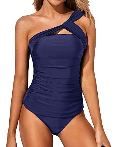 Tempt Me Navy Blue Two Piece Tankini Bathing Suits For Women One Shoulder Swim Top With Shorts Swimsuits L #TOP23