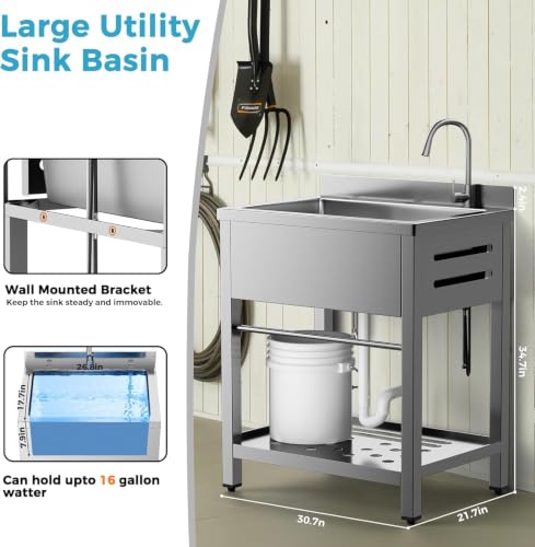 Image of Stainless Steel Utility Sink Freestanding Single Bowl Garage Sink | Shop Sink for Laundry Basement Garden Kitchen Outdoor, w /t Cold & Hot Water Lines, Rapid Drainage, 16 Gallon Large Capacity