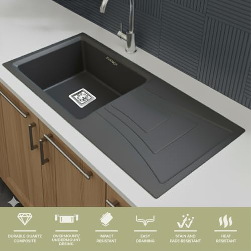 Image of EVANEX Quartz Sink for Kitchen|36x18x9 inch Kitchen Sink with Drain Board|Granite Sink for Kitchen Basin|Grey Quartz Kitchen Sink with Connector, Waste Pipe, Coupling and Drain Basket