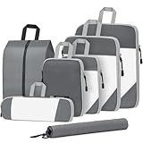 SYCARON Compression Packing Cubes for Travel, 7 Piece Travel Packing Organizers Bags Mesh Expandable Luggage Organizer Cubes for Carry on Luggage with Laundry Bag, Shoes Bag, Underwear Bag, Grey