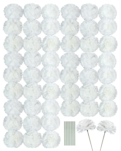 Artificial Carnation Flower 50pcs Silk Faux Flower Heads with Stem for DIY Wreath Wedding Decor Handmade Flowers Table Centerpieces Home Decor Baby Shower Graduation Decor (50 White)