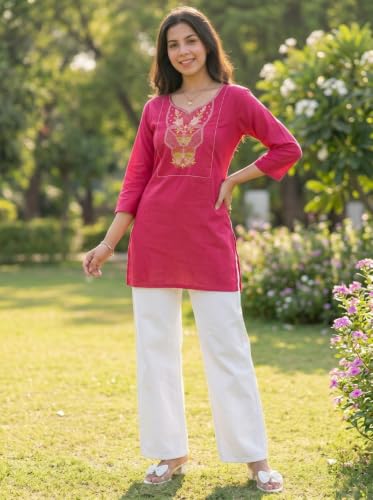 Image of Cotton Blend Embroidered Straight Kurta for Women | Cotton Blend | 3 /4 Sleeve | Round Neck V-Slit | Ethnic Wear Casual Wear