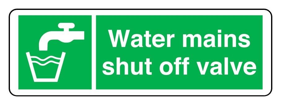 Water Mains Shut Off Valve - safety sign - 1.2mm Rigid plastic for indoor/outdoor usage (600mm x 200mm) Viewing Distance within 14m.