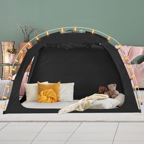 EighteenTek Bed Tent with Lights, Easy to Assemble Full Bed Canopy Black - Portable 90% Blackout Sleeping Canopy with 2 Doors Breathable Private Indoor Tent for Bedroom Decor, Full Size