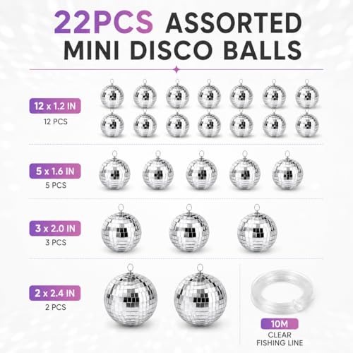 Bola espejada de discoteca de 16 pulgadas Youdepot, paquete con 22 bolas espejadas mini y luces de cadena de bola espejada de 1.97 pulgadas para eventos miniatura 5