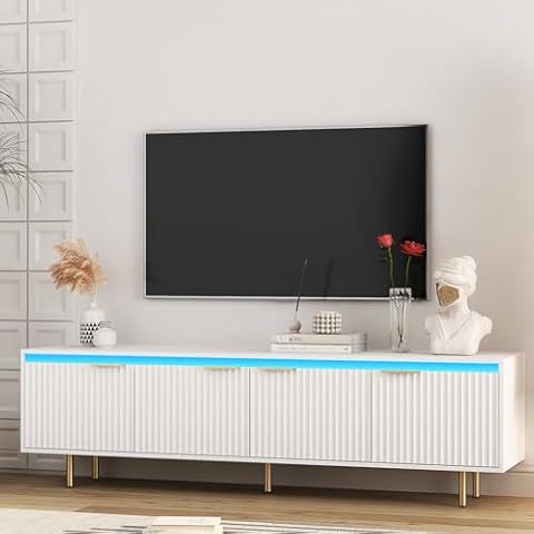 Angel Sar Modern Fluted TV Stands for Living Room, LED TV Stand for 75 Inch TV, Media Console with 3 Cabinets, Metal Handles & Legs, Entertainment Center, TV Console, White TV Stand, Wood TV Table Cover