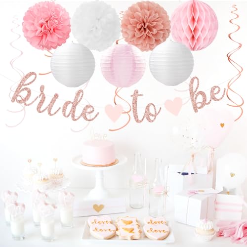 Image of Light-Pink Rose-Gold Bachelorette Party-Decorations - 21pcs Baby Bridal Shower Banner Garland, Bride To Be Paper Streamers Lanterns,flower Tissue Pom Poms Fan Supplies,Wedding Backdrop Decor Huglony