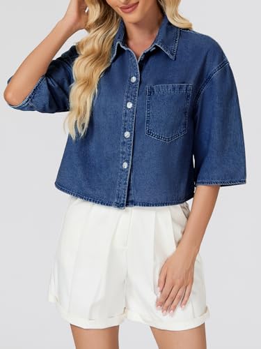 Women’s Cropped Denim Shirt Button Down Half Sleeve Casual Jean Jacket Lightweight Collared Summer Jean Top with Pocket3