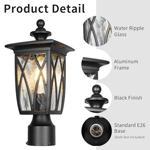 Image of Outdoor Post Lights Lamp Post Light Fixture, 15'' Pole Lantern with E26 Base 60W Max & Waterproof Aluminum Housing Plus Water Ripple Glass,Fence Post Deck Lighting for Garden, Patio, Pathway