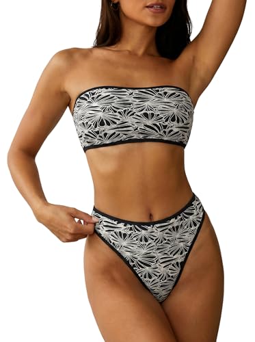Image of ZAFUL Women Strapless Textured Bandeau Bikini 2 Piece Swimwear Cheeky Solid Lace up Bathing Suits