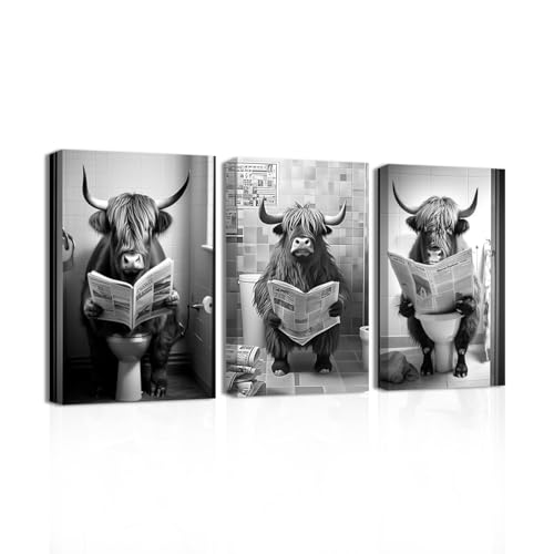 CXHOSTENT Funny Bathroom Wall Decor 3 Piece Animal Cow Sitting