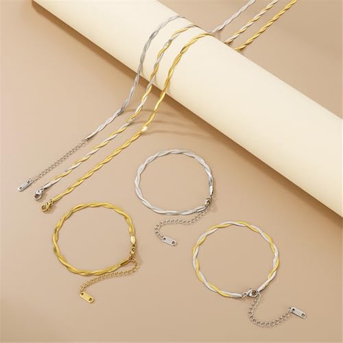 HIJONES Braided Flat Snake Chain Stainless Steel Necklace Bracelet for Men Women Herringbone Layered Collarbone Finesse Chain Jewelry3
