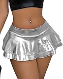 VENDAU Women's Metallic PU Leather Mini Skirt - Ultra Short High Waisted Stretchy Clubwear Sexy Party Outfit (US, Alpha, Large, Regular, Regular, Silvery)