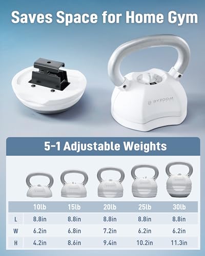 Image of BYZOOM FITNESS Pure Series Adjustable Kettlebell 30 /40 /50LB - 5-IN-1 Weight Change, Patented Quick-Change Machenism, Ergonomic Curved Handle for Home Gym, Strength Training, HIIT, White OR Black