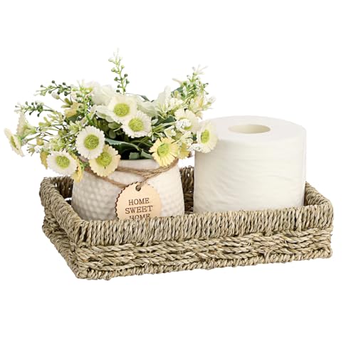 Hoowen Bathroom Vanity Tray, Seagrass Narrow Counter Tray with Handles, Decorative...