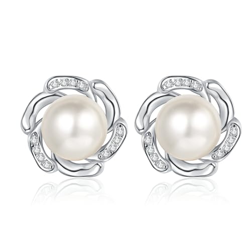 Boucles d'oreilles Moissanite et perles 9mm de prestige plaqué platine