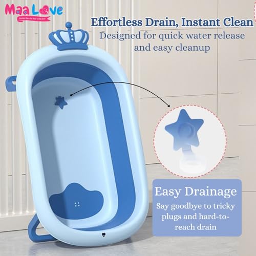 Image of Premium Foldable Baby Bathtub with Soft Cushion for Newborn, Infant & Toddler, Non-Slip Base, Easy Drain Plug, Portable Space Saving Bath Tub (Blue)