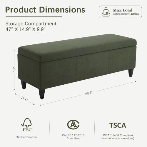 Image of Storage Ottoman Bench, 50.3 inch Fabric Upholstered End of Bed Bench (Green)