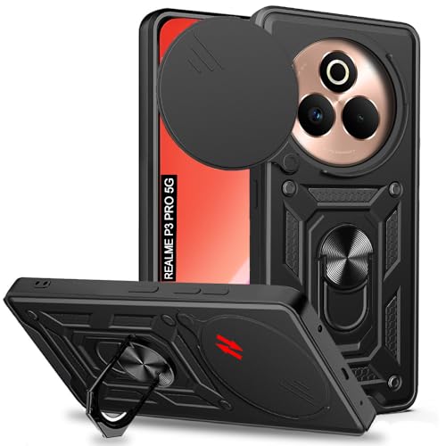 Image of AESTMO Tough Armor Realme P3 Pro 5G Bumper Back Case Cover | Ring Holder & Sliding Camera Shield Cover | 360 Degree Protection Back Case Cover for Realme P3 Pro 5G (Black)