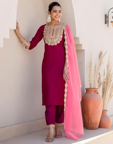 Image of SIRIL Women's Rayon Viscose Sequence Embroidery Work Straight Kurta Pant with Dupatta Set