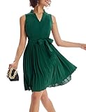 GRACE KARIN Women Elegant Pleated Swing Dress Solid Sleeveless V-Neck Work Dress Green