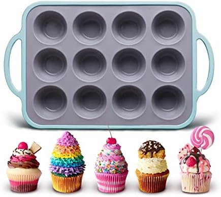 QUIWELL Silicone Muffin Pan, Cupcake Pan, Mini Silicone Baking Cups, BAP Free Cupcake Mold for Homemade Muffins, Cupcakes, Quiches and Frittatas (12 Cups Green)