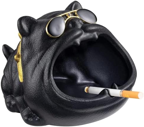 SOMGEM Outdoor Ashtray for Cigarette, Cool Ash Tray Sets for weed, Decorative Fancy Ashtrays of Black Bully Dog Design, Ceramic Desktop Ash Holder for Patio Home Office, Great Gift for Men Women