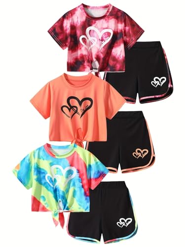 Image of Girls 6 Pieces Summer Outfits Casual Short Sleeve Tee Tops and Dolphin Shorts Set 4-12Y