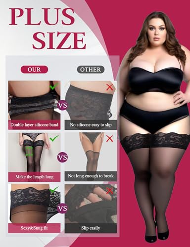 Buauty Plus Size Thigh High Stockings for Women – Black Lace Top Stay Up Sheer Thigh Highs,Lingerie Stockings Pantyhose4