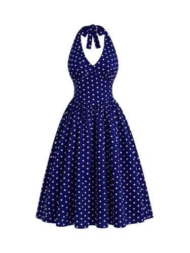 Image of Aahwan Polka Dots Halter Long Dress Backless A Line Flared Vintage Party Club Dresses for Women's & Girl's