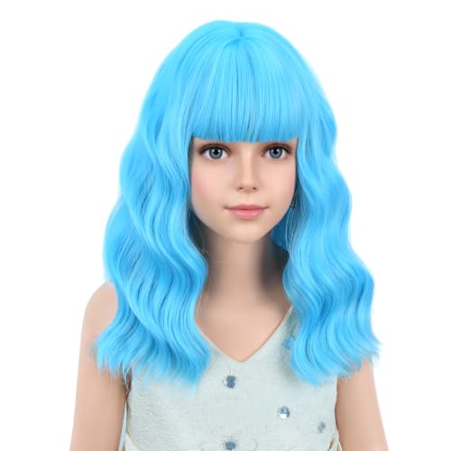 Image of PATTNIUM Blue Wig for Women Short Wavy Wig with Bangs Light Blue Wigs Heat Resistant Synthetic Hair Wigs