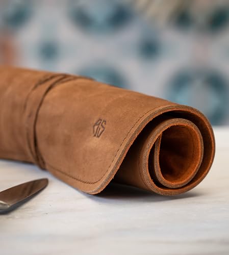 Angus Stoke Hochwertige 7-Fach Echt-Leder Kochmesserrolle Steve – Rolltasche Werkzeugtasche verschliessbar - Messertasche Steve (7-Fächer, Braun)