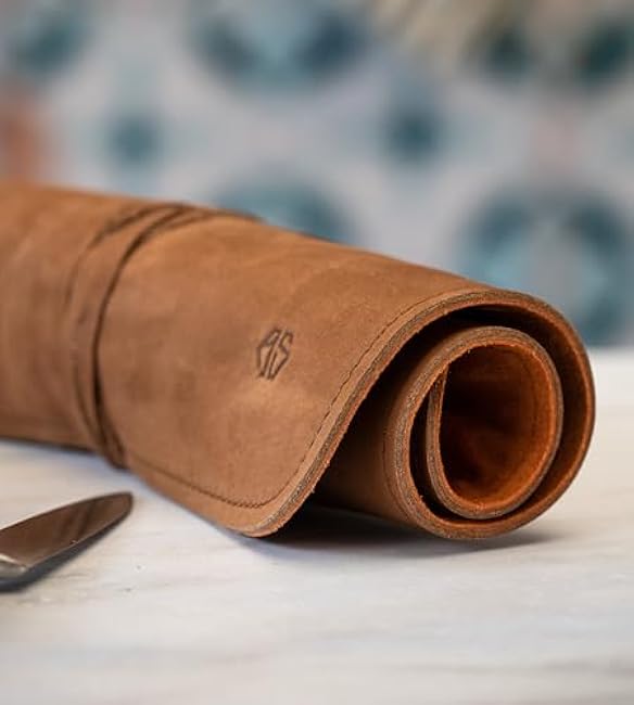 Angus Stoke Knife Roll Bag Genuine Leather ¨C Chef`s knife bag 7 slots/for up to 11 knives ¨C Leather Knife Case Steve (brown)