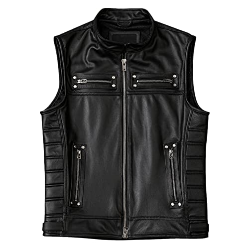 Gilet en cuir de vache pour homme veste sans manches intemporelle noire col montant