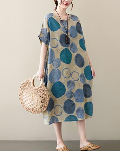 Image of LUZU JUNU Women's Summer Baggy Plus Size Loose Cotton Linen Long Boho Beach Dress with Pockets