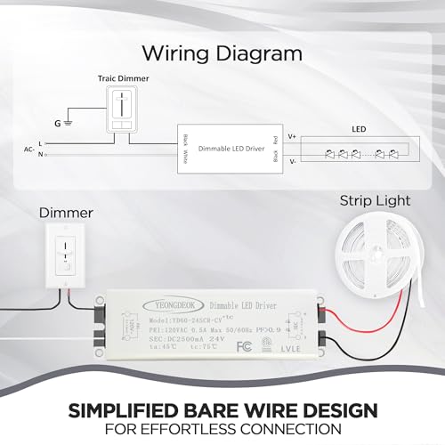Image of 60W Triac Dimmable LED Driver, 24V 2.5A Power Supply, Electric Transformer, 120V AC to 24V DC LED Strip Light Dimming Converter for Computer Projects, Cabinet Lights