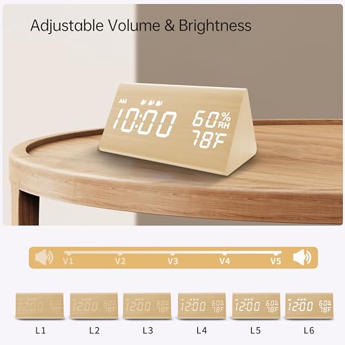 Image of JALL Digital Alarm Clock, with Wooden Electronic LED Time Display, 3 Alarm Settings, Humidity & Temperature Detect, Wood Made Electric Clocks for Bedroom, Bedside (Yellow)