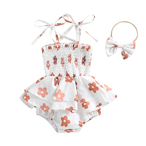 Image of Baby Girl Romper Summer One-piece Dress Linen Camisole Bodysuits Headband Sleeveless Floral Jumpsuit Clothes
