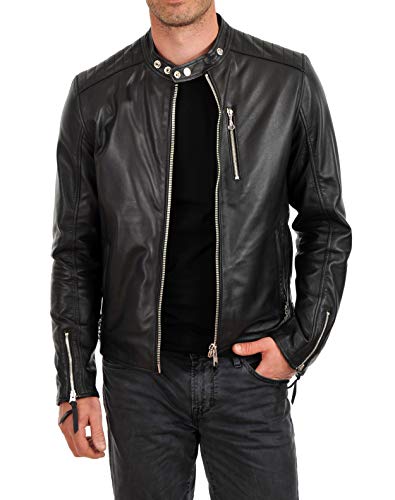 Image of 100% Leather Jacket for Men - Round Collar Slim Fit - Moto, Bomber, Biker Winter Casual Wear