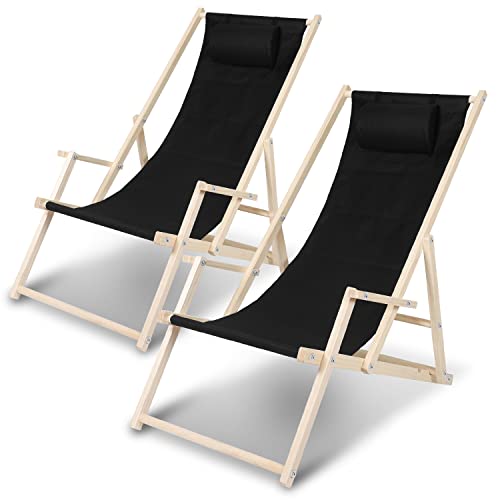 Ansobea Juego de 2 tumbonas plegables de madera, 120 kg, máx. para jardín, reposabrazos, cojín cervical, resistente a la intemperie, de madera, para camping, balcón, piscina, color negro