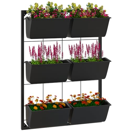 Outsunny 3-Tier Wall Planter with 6 Pots for Indoor and Outdoor Use, Hanging Plant Holder, Self Draining Wall Mounted Planter for Vegetables, Flowers, Herbs, Black