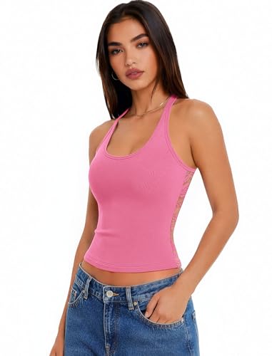 Tank Tops with Built in Bras Ribbed Lace Womens Summer Outfits Pink L - image 6