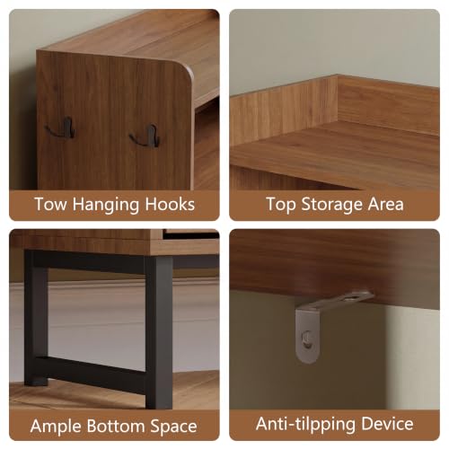 Image of Shoe Cabinet with 2 Flip Drawers, Freestanding Hidden Shoe Storage Organizer for Entryway, Narrow Slim Shoe Rack Cabinet with Open Storage & Hooks for Front Door Entrance, Living Room, Hallway, Walnut